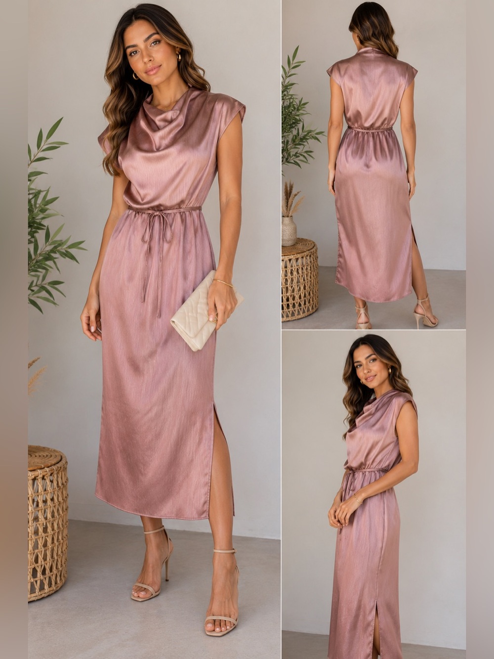 NWOT Bishop + Young Dusty Rose Satin Cowl Neck Midi Dress | Size Small